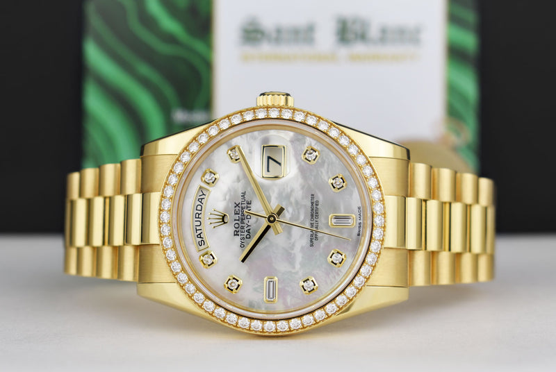 ROLEX 36mm 18kt Gold Day Date President Mother of Pearl Diamond Dial Box & Card Model 118348