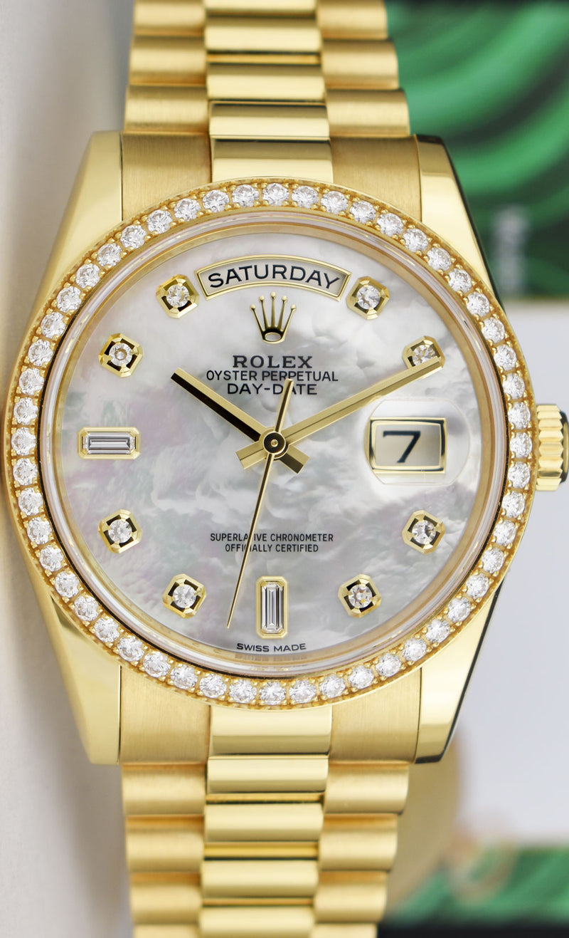 ROLEX 36mm 18kt Gold Day Date President Mother of Pearl Diamond Dial Box & Card Model 118348