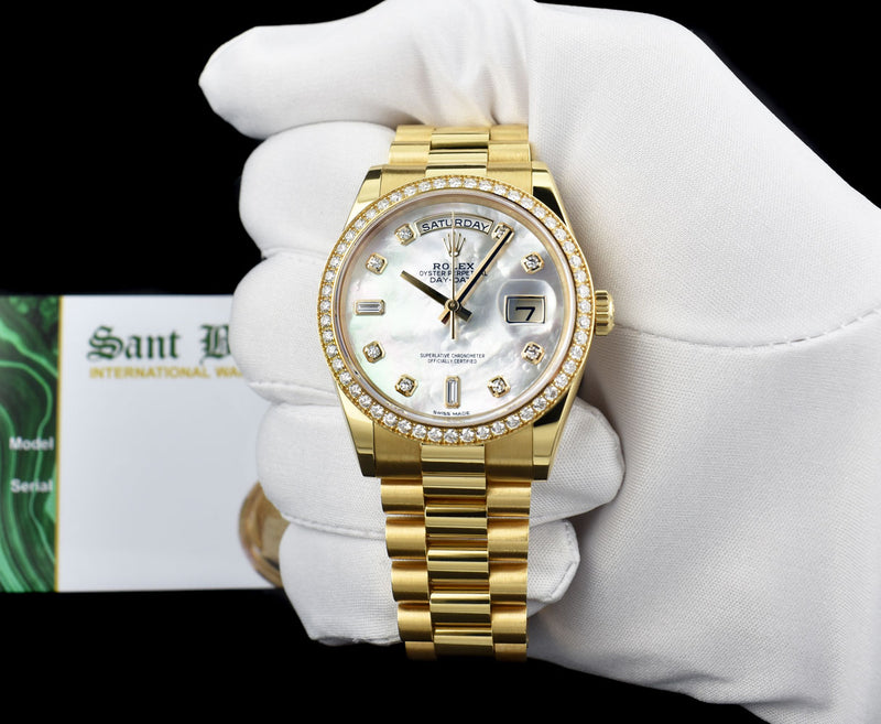 ROLEX 36mm 18kt Gold Day Date President Mother of Pearl Diamond Dial Box & Card Model 118348