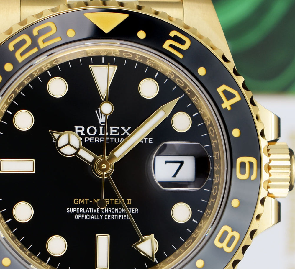 ROLEX 18kt Gold GMT Master II Black Gray Bezel Box & Card Model
