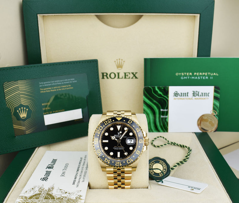 ROLEX 18kt Gold GMT Master II Black Gray Bezel Box & Card Model 126718 GRNR