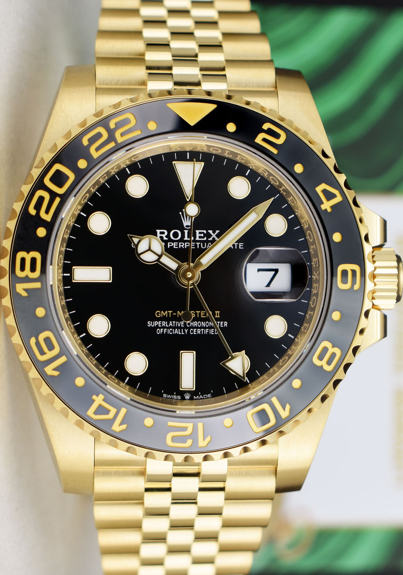 ROLEX 18kt Gold GMT Master II Black Gray Bezel Box & Card Model 126718 GRNR