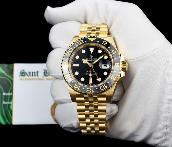 ROLEX 18kt Gold GMT Master II Black Gray Bezel Box & Card Model 126718 GRNR