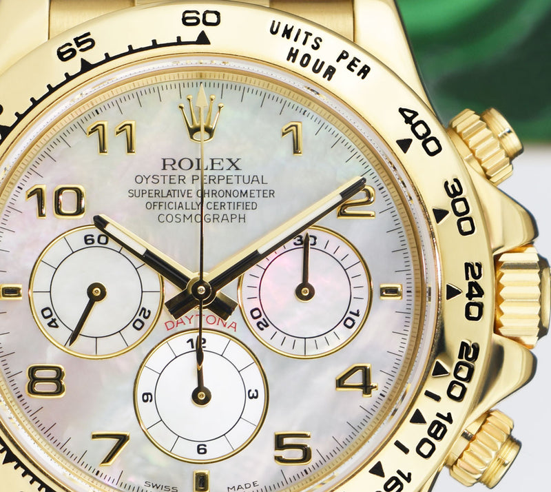 ROLEX 18kt Gold Daytona Brown Leather Strap Mother of Pearl Arabic Dial Model 16518