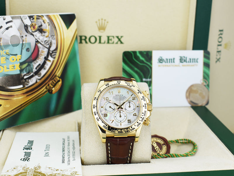 ROLEX 18kt Gold Daytona Brown Leather Strap Mother of Pearl Arabic Dial Model 16518