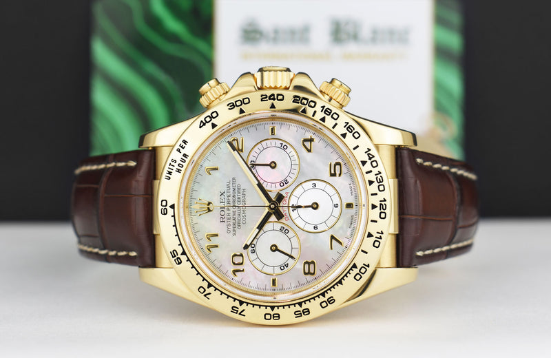 ROLEX 18kt Gold Daytona Brown Leather Strap Mother of Pearl Arabic Dial Model 16518