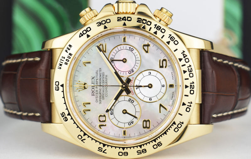 ROLEX 18kt Gold Daytona Brown Leather Strap Mother of Pearl Arabic Dial Model 16518