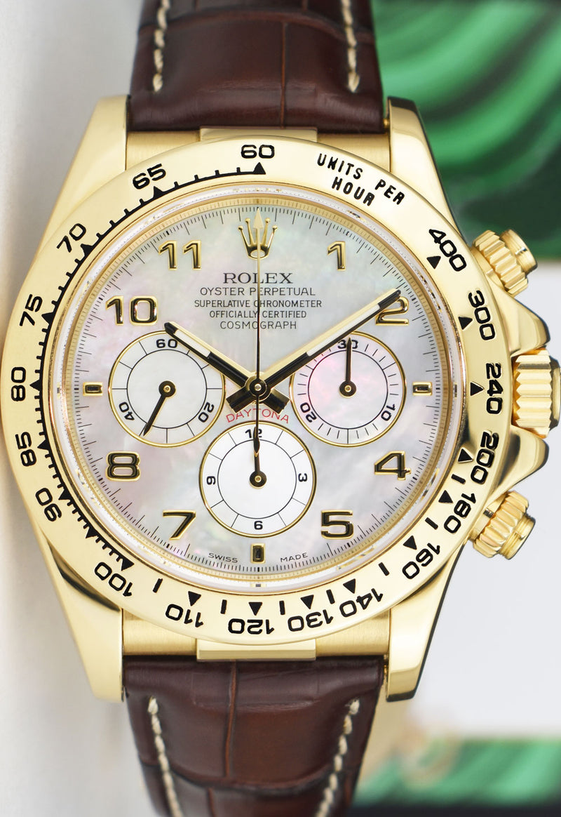 ROLEX 18kt Gold Daytona Brown Leather Strap Mother of Pearl Arabic Dial Model 16518