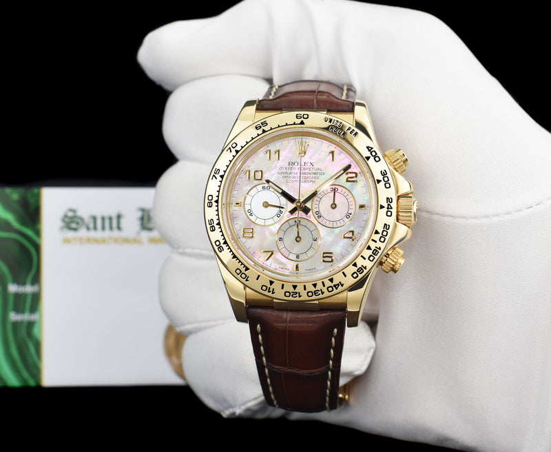 ROLEX 18kt Gold Daytona Brown Leather Strap Mother of Pearl Arabic Dial Model 16518