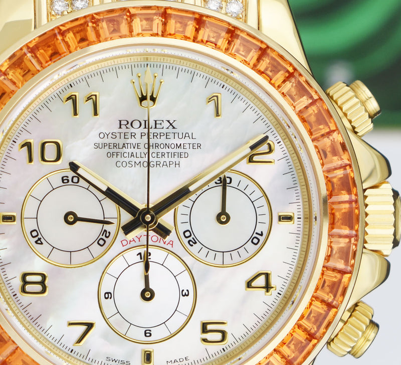 ROLEX Gold Daytona Mother of Pearl Dial Custom Cognac Bezel Safari Strap  Model 16518