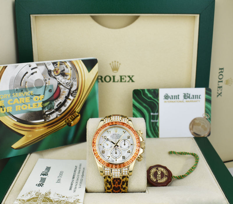 ROLEX Gold Daytona Mother of Pearl Dial Custom Cognac Bezel Safari Strap  Model 16518