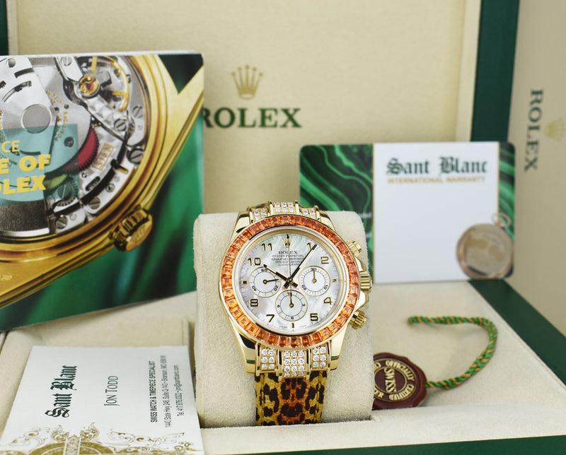 ROLEX Gold Daytona Mother of Pearl Dial Custom Cognac Bezel Safari Strap  Model 16518