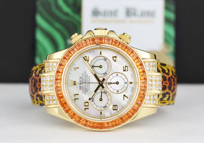 ROLEX Gold Daytona Mother of Pearl Dial Custom Cognac Bezel Safari Strap  Model 16518