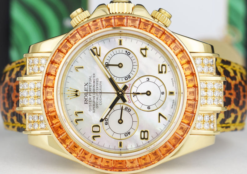 ROLEX Gold Daytona Mother of Pearl Dial Custom Cognac Bezel Safari Strap  Model 16518