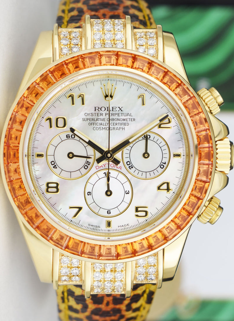 ROLEX Gold Daytona Mother of Pearl Dial Custom Cognac Bezel Safari Strap  Model 16518