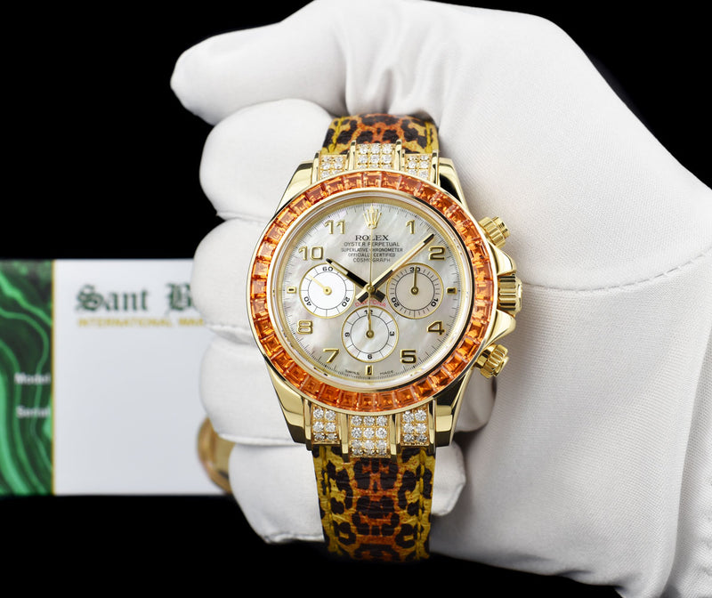 ROLEX Gold Daytona Mother of Pearl Dial Custom Cognac Bezel Safari Strap  Model 16518