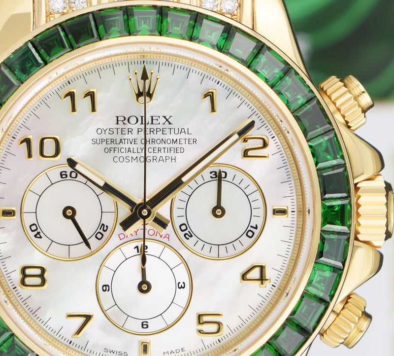 ROLEX 18kt Gold Daytona MOP Arabic Dial Custom Green Baguette Bezel Diamond End PiecesModel 16518