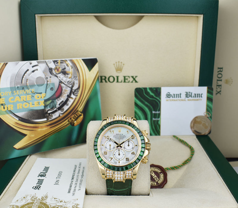 ROLEX 18kt Gold Daytona MOP Arabic Dial Custom Green Baguette Bezel Diamond End PiecesModel 16518