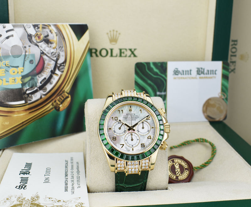 ROLEX 18kt Gold Daytona MOP Arabic Dial Custom Green Baguette Bezel Diamond End PiecesModel 16518