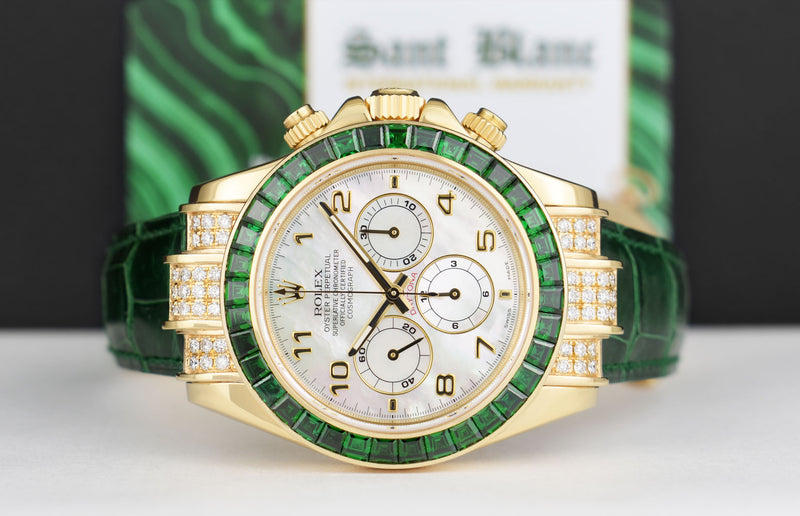 ROLEX 18kt Gold Daytona MOP Arabic Dial Custom Green Baguette Bezel Diamond End PiecesModel 16518