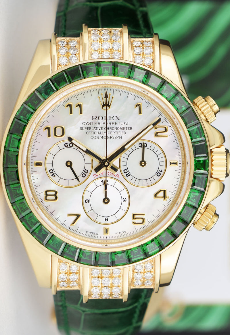 ROLEX 18kt Gold Daytona MOP Arabic Dial Custom Green Baguette Bezel Diamond End PiecesModel 16518