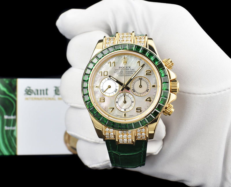 ROLEX 18kt Gold Daytona MOP Arabic Dial Custom Green Baguette Bezel Diamond End PiecesModel 16518