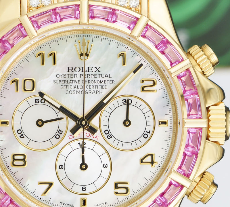 ROLEX 18kt Gold Daytona Mother of Pearl with Arabic Dial Custom Pink Baguette Bezel Model 16518