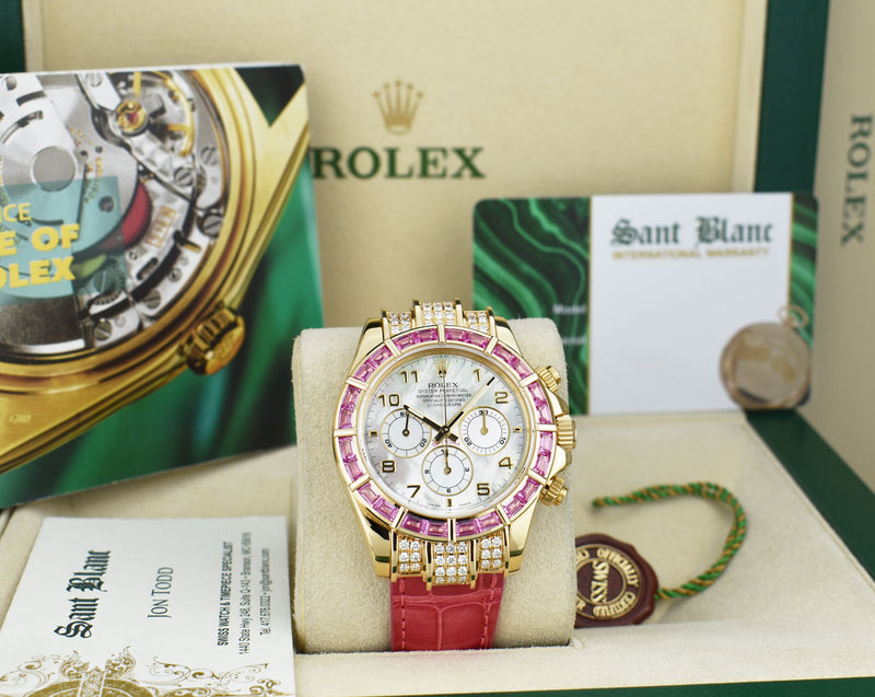 ROLEX 18kt Gold Daytona Mother of Pearl with Arabic Dial Custom Pink Baguette Bezel Model 16518