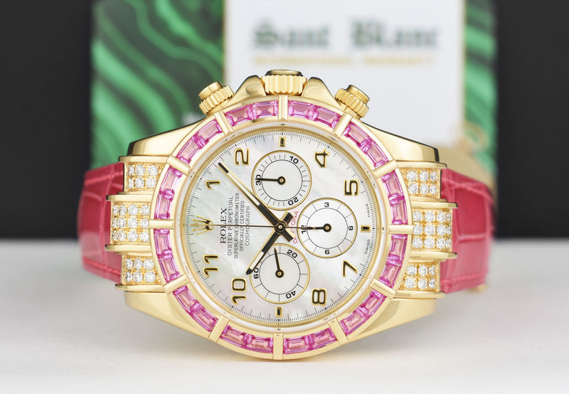 ROLEX Gold Daytona Mother of Pearl Custom Pink Baguette Bezel Diamonds Model 16518