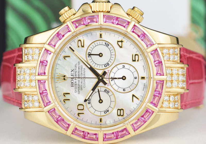 ROLEX Gold Daytona Mother of Pearl Custom Pink Baguette Bezel Diamonds Model 16518