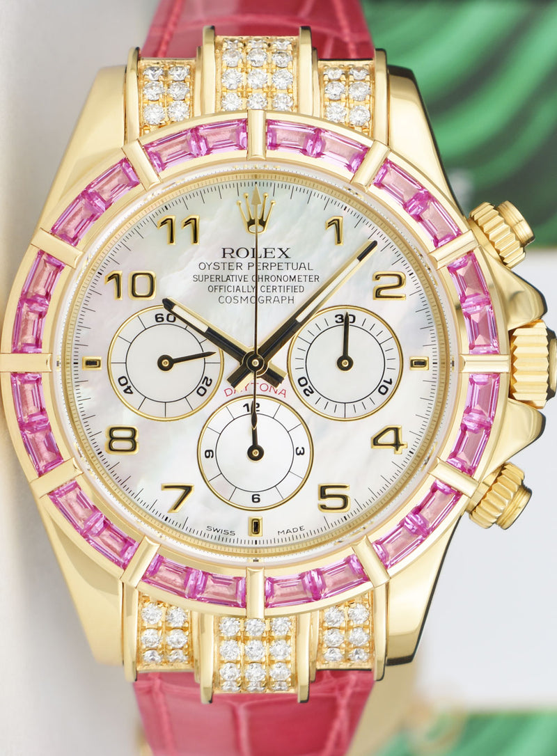 ROLEX Gold Daytona Mother of Pearl Custom Pink Baguette Bezel Diamonds Model 16518