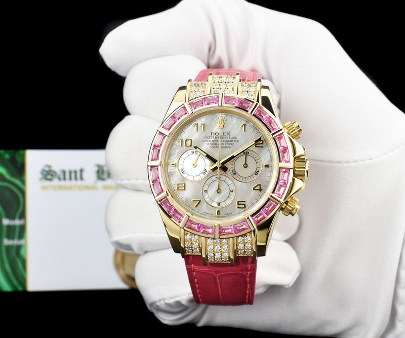 ROLEX Gold Daytona Mother of Pearl Custom Pink Baguette Bezel Diamonds Model 16518