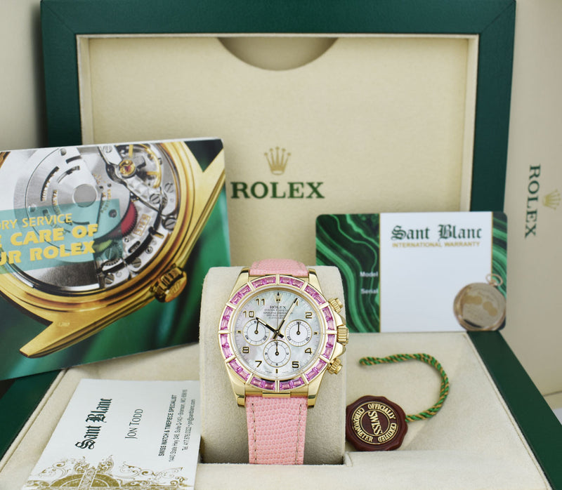 ROLEX 18kt Gold Daytona Mother of Pearl Arabic Custom Bezel Lizard Strap Model 16518