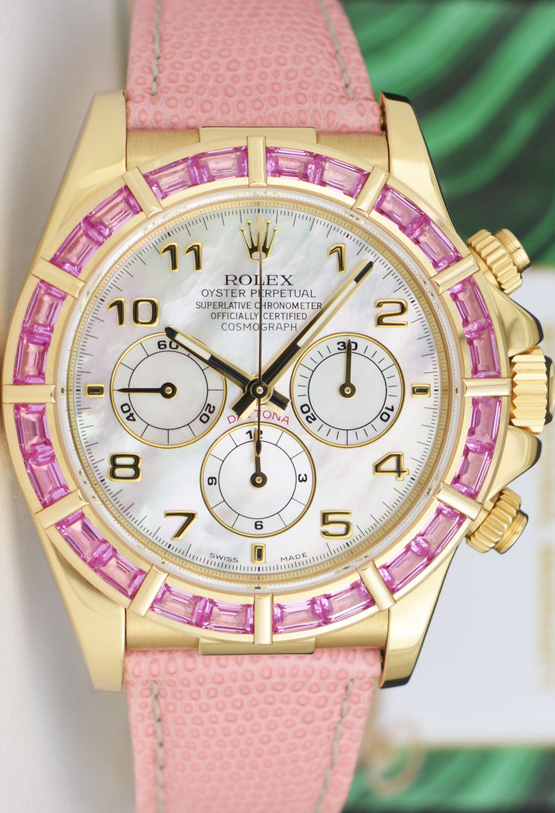 ROLEX 18kt Gold Daytona Mother of Pearl Arabic Custom Bezel Lizard Strap Model 16518