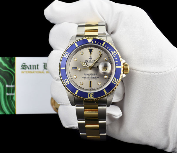 ROLEX Vintage 18kt Gold Stainless Steel Submariner Silver Serti