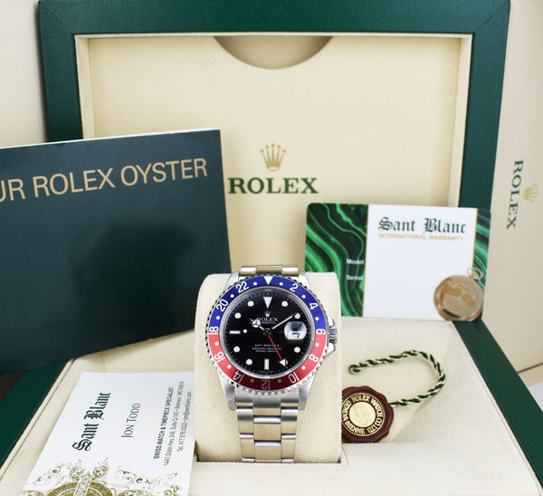 ROLEX Mens Stainless Steel GMT Master II Pepsi Bezel No Holes Model 16710