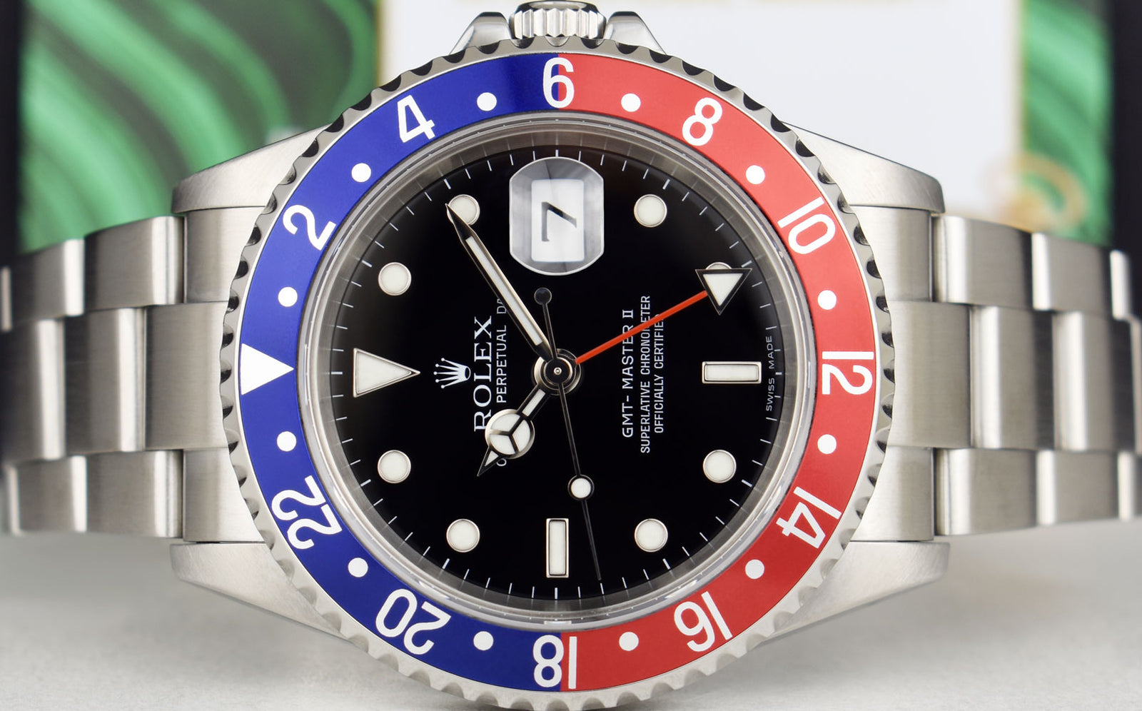 ROLEX Mens Stainless Steel GMT Master II Pepsi Bezel No Holes