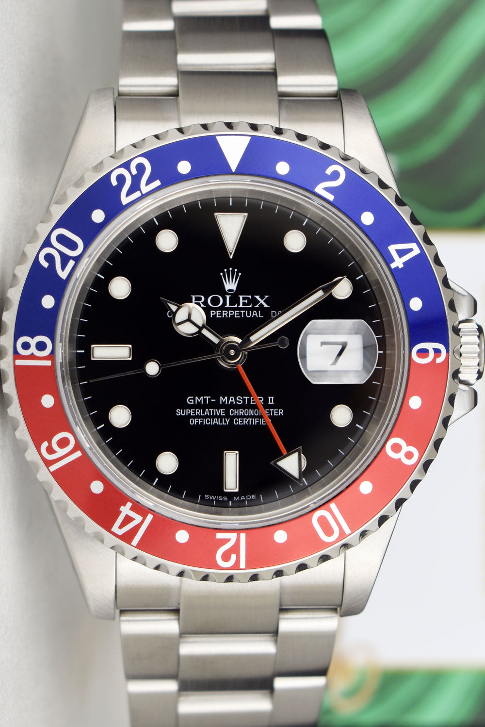 ROLEX Mens Stainless Steel GMT Master II Pepsi Bezel No Holes