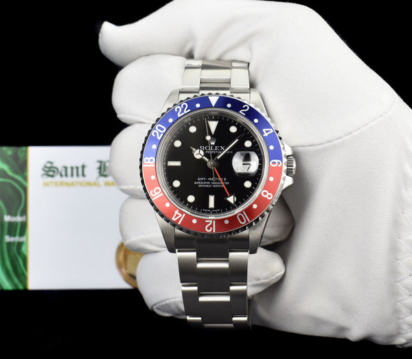 ROLEX Mens Stainless Steel GMT Master II Pepsi Bezel No Holes Model 16710