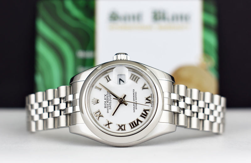 ROLEX Ladies 26mm Stainless Steel DateJust White Bold Roman Jubilee Band 179160