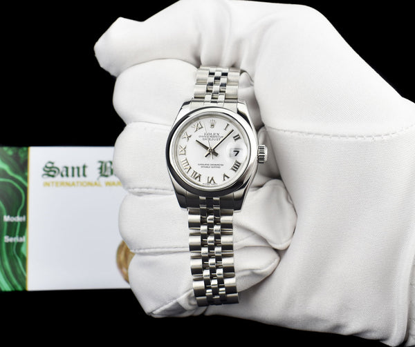 ROLEX Ladies 26mm Stainless Steel DateJust White Bold Roman Jubilee Band 179160