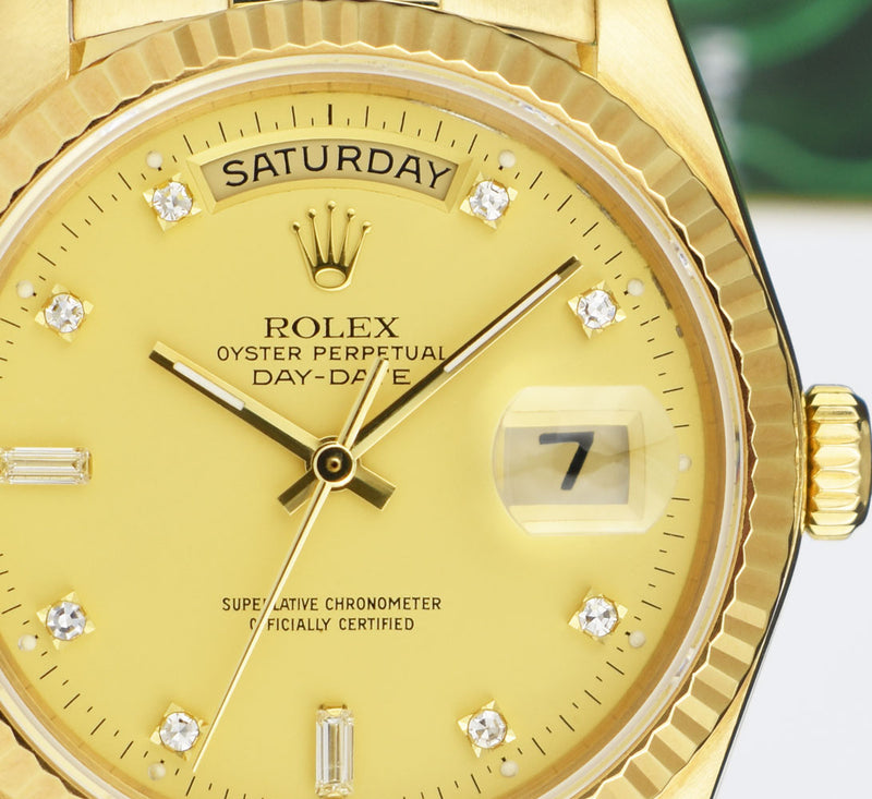 ROLEX 36mm 18kt Gold Day Date President Champagne Diamond Dial Model 18038