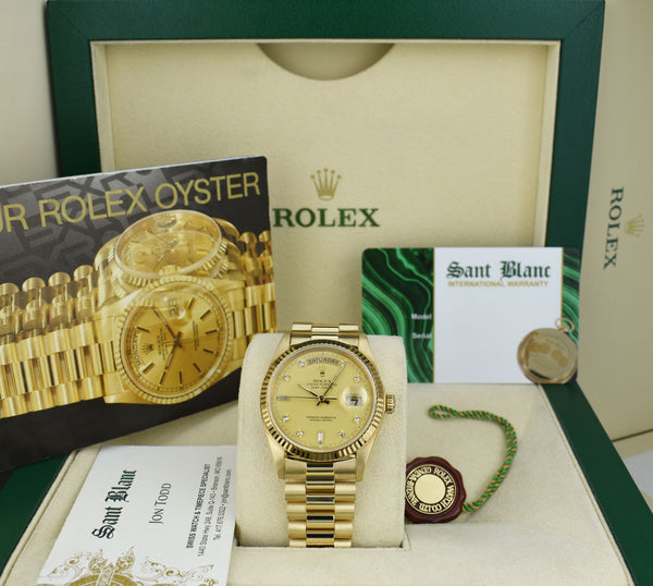 ROLEX 36mm 18kt Gold Day Date President Champagne Diamond Dial Model 18038