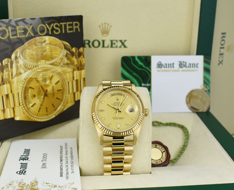 ROLEX 36mm 18kt Gold Day Date President Champagne Diamond Dial Model 18038