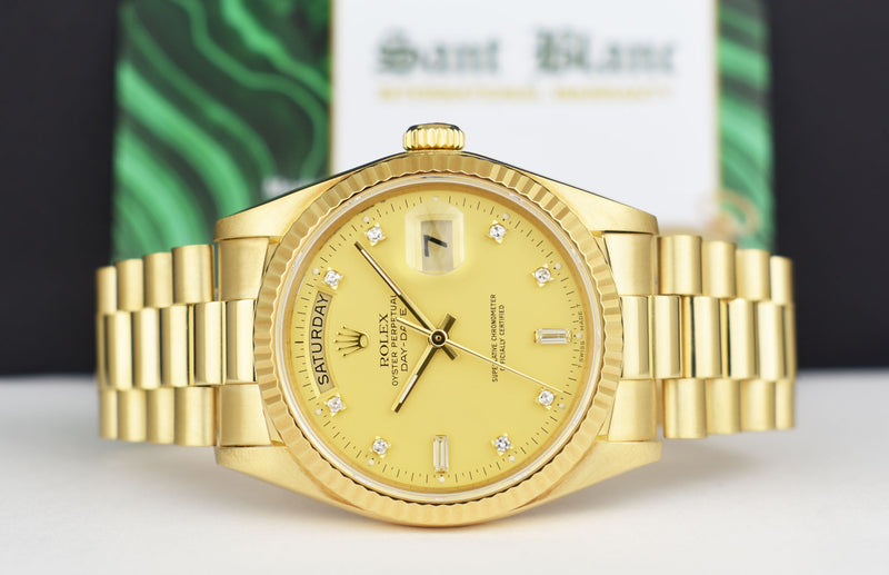 ROLEX 36mm 18kt Gold Day Date President Champagne Diamond Dial Model 18038