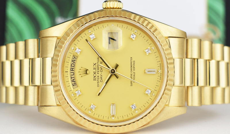 ROLEX 36mm 18kt Gold Day Date President Champagne Diamond Dial Model 18038