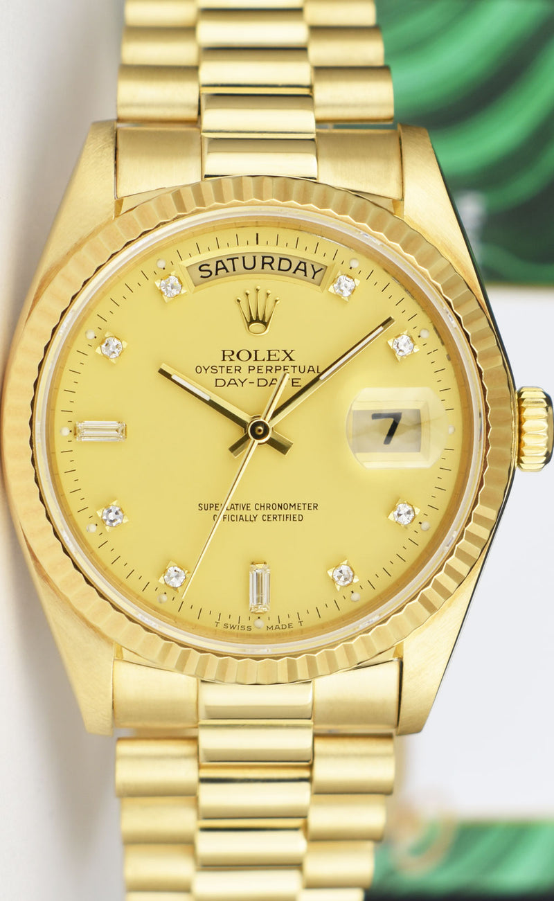 ROLEX 36mm 18kt Gold Day Date President Champagne Diamond Dial Model 18038