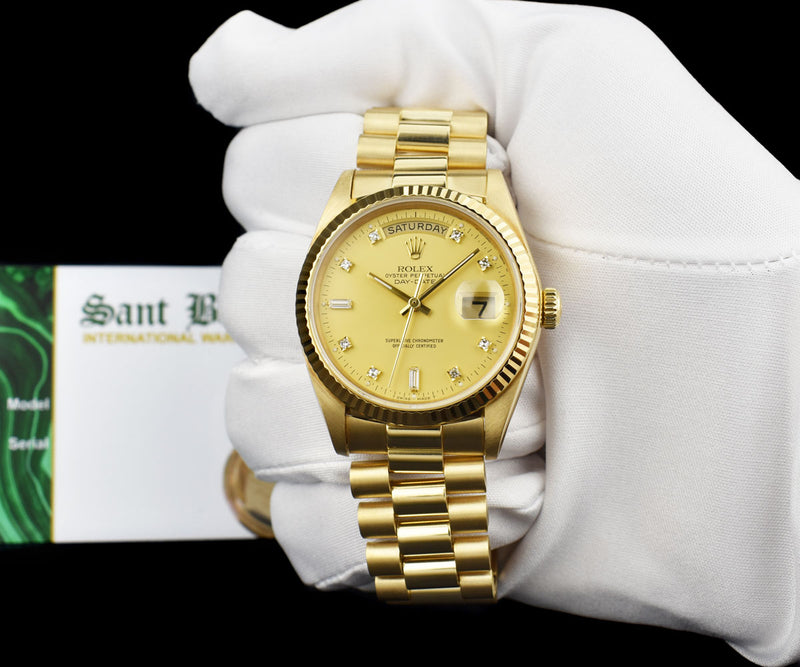 ROLEX 36mm 18kt Gold Day Date President Champagne Diamond Dial Model 18038