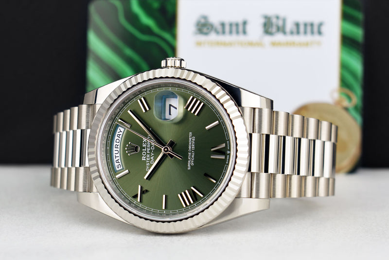 ROLEX White Gold Day Date President Green Roman Card & Tags Model 228239