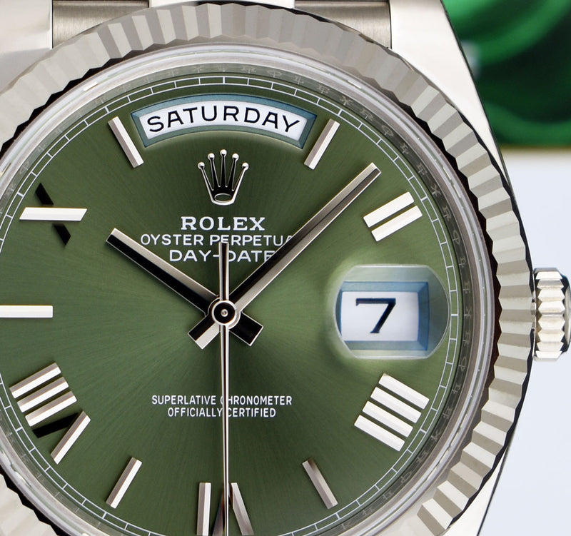 ROLEX White Gold Day Date President Green Roman Card & Tags Model 228239